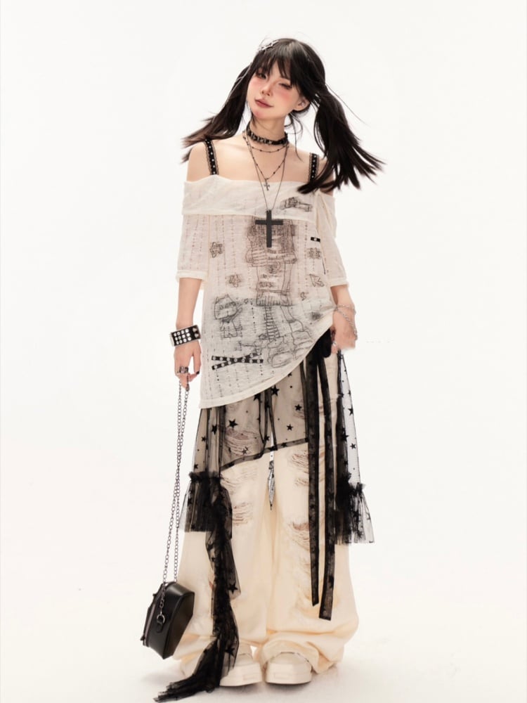 Wide-Leg Jeans Wasteland Apricot Low Waist Distressed Holes Punk