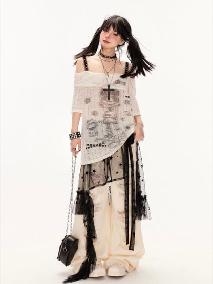 Wide-Leg Jeans Wasteland Apricot Low Waist Distressed Holes Punk