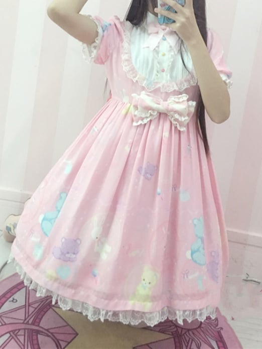 Bubble Zoo Lolita Dress One Piece Pink Sweet Details Chiffon Bowknot
