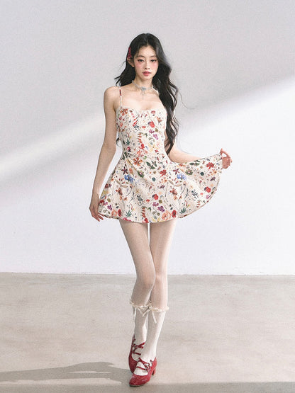 Beige Floral Print Holiday Cami Dress Long/Short Version