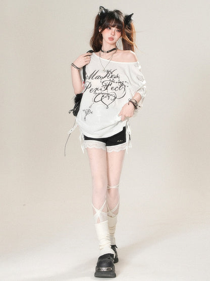T-shirt Asymmetrical Letter Print White Glamorous Neckline