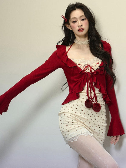 Red Self-tie Straps Bell Sleeves Cardigan with Ruffle Trim