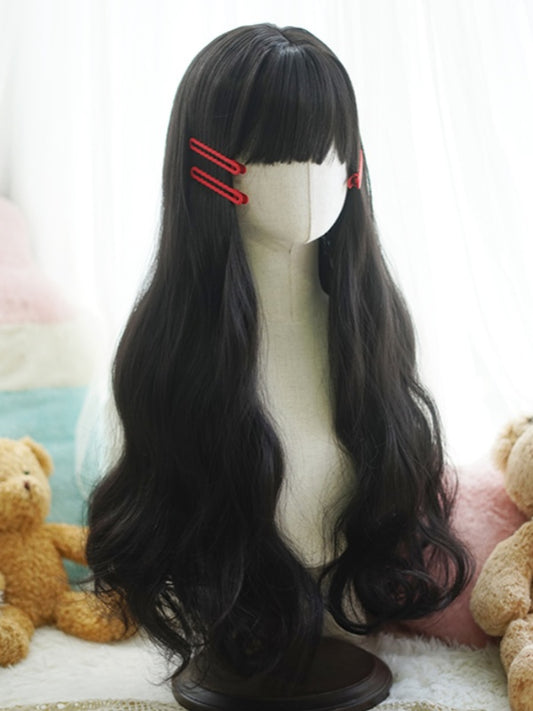Black Long Wavy Wig With Full Bangs