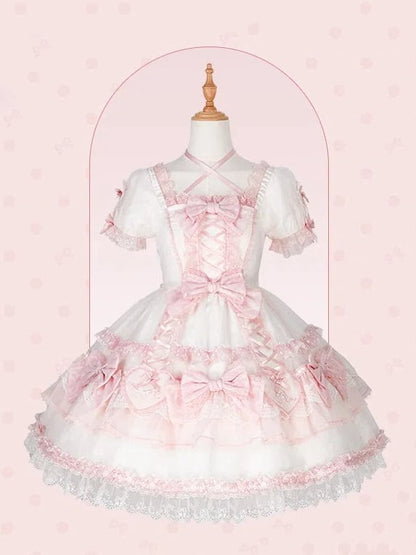 Heart White Lolita Sweet Applique Bunny and Embroidery Accents Dress Pink Bow