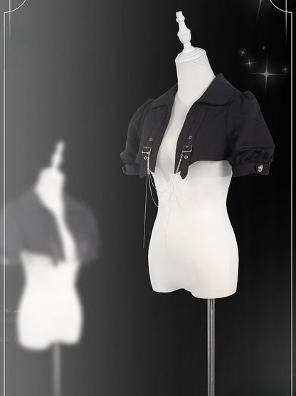 Schwarz-weißes Prince Ouji Lolita-Outfit – weißes ärmelloses Hemd + schwarzes kurzes Top + Blommer-Shorts mit hoher Taille, komplettes Set