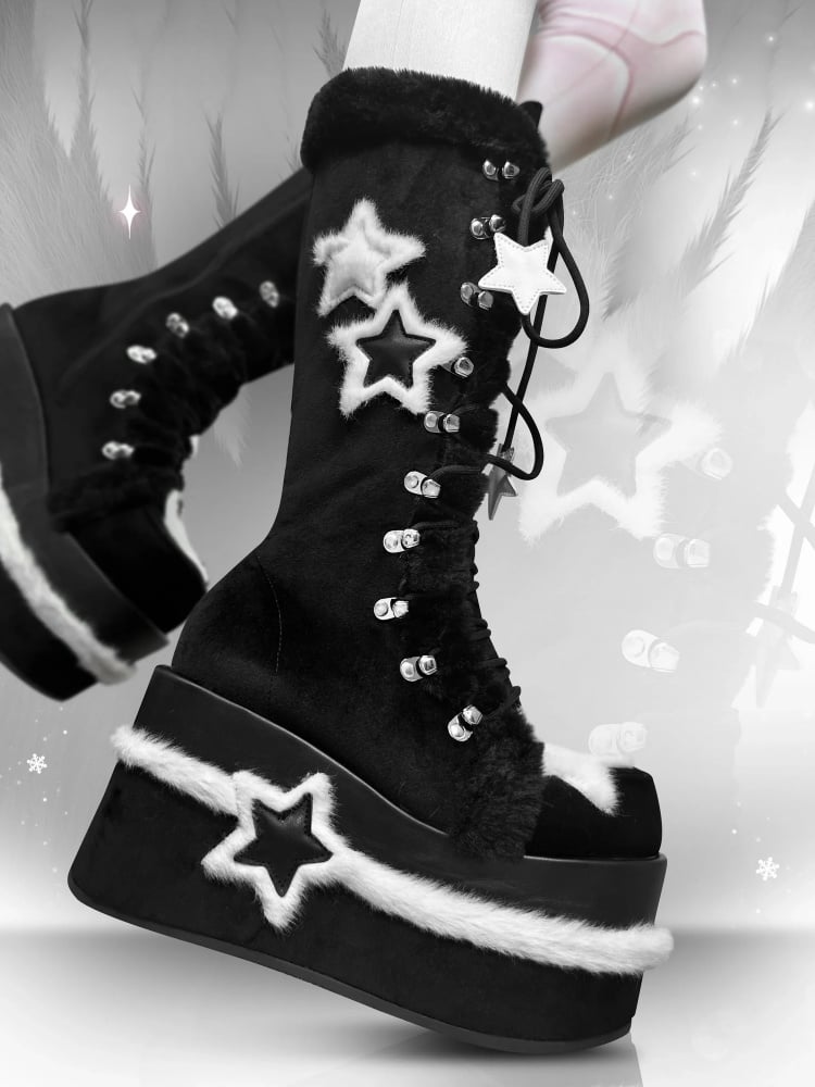 Fleece Star Patches Winter Black Platform Boots