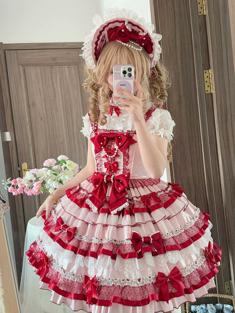 Robe Lolita Old School rose et rouge avec jupe à volants superposés et nœuds papillon