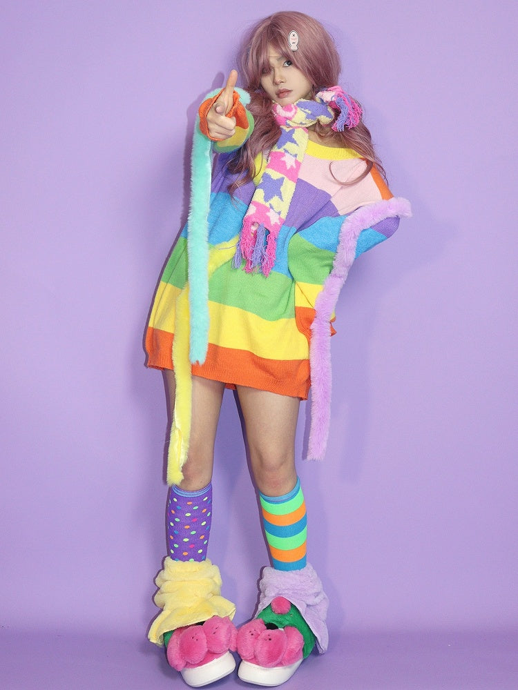 Star And Colorful Moon Striped Pattern Scarf Y2K