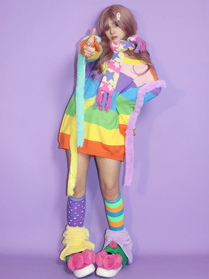 Star And Colorful Moon Striped Pattern Scarf Y2K