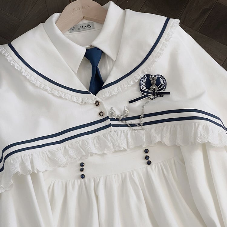 White&Blue Shirt Collar Ruffle Trim Tiered Dress with Tie