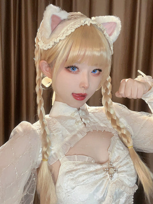 Claw Braided Ponytail Wig Bangs With Short 55CM Double Blonde Full Clips 30CM + Straight