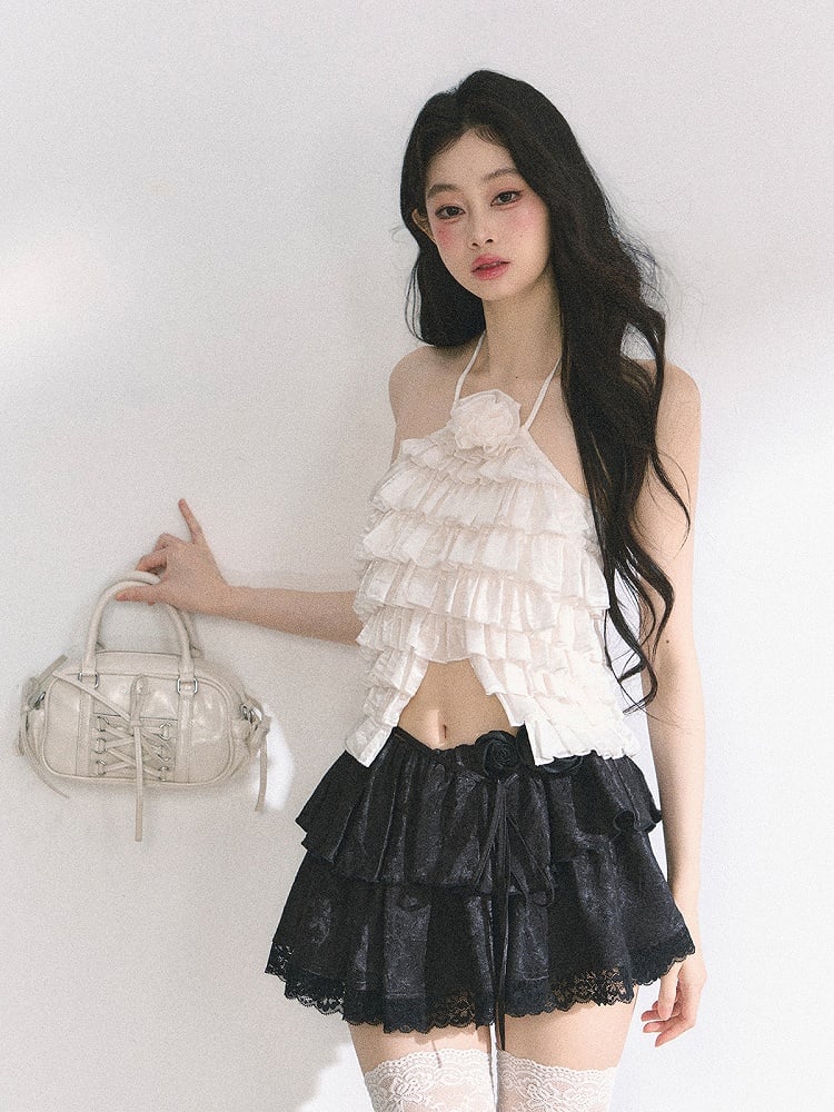 Skirt Black/Apricot Elastic Waist Lace Trim Floral Tiered Mini