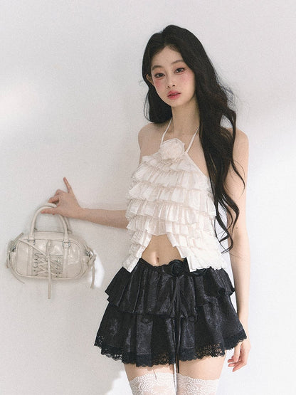 Skirt Black/Apricot Elastic Waist Lace Trim Floral Tiered Mini