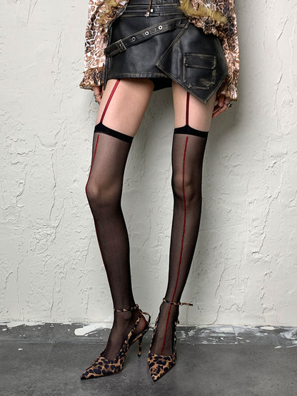 Black Y2K Suspender Tights With Red Line Print