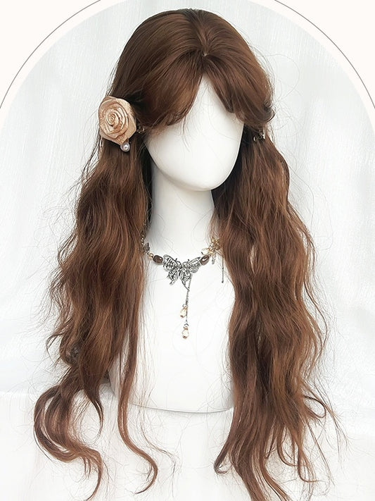Brown Under Bust Length Wavy Synthetic Wig With Curtain Bangs