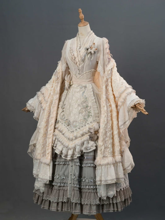 Ensemble complet Lolita JSK classique élégant avec patte de boutonnage grise sur le devant et broderie de lys, rose, mode maison