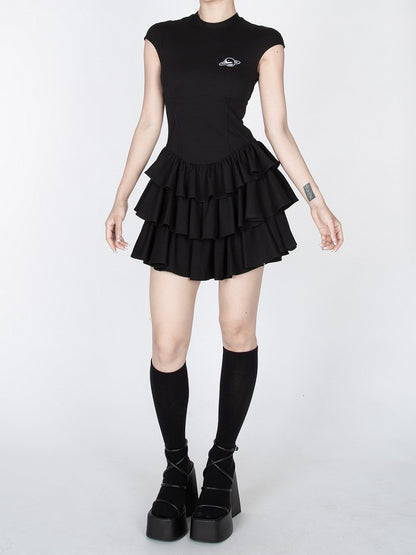 Black/White Tiered Ruffles Mini Skirt Short Sleeve Dress