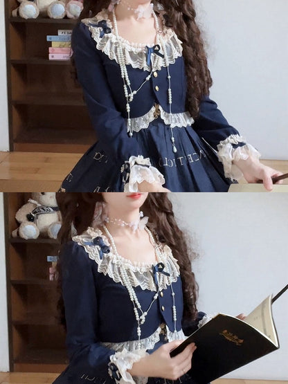 Cropped Trim Fashion Dark Cardigan Bow-Detailed Lolita Blue Lace