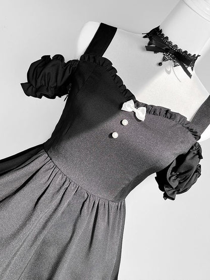 Set Schwarzes Stück + One Shoulder Plaid Cutout Schürze Maid Lolita