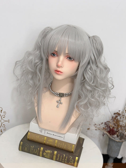 + Grey Claw Two Ponytails With Bangs Wavy Length Wigs Bust Above