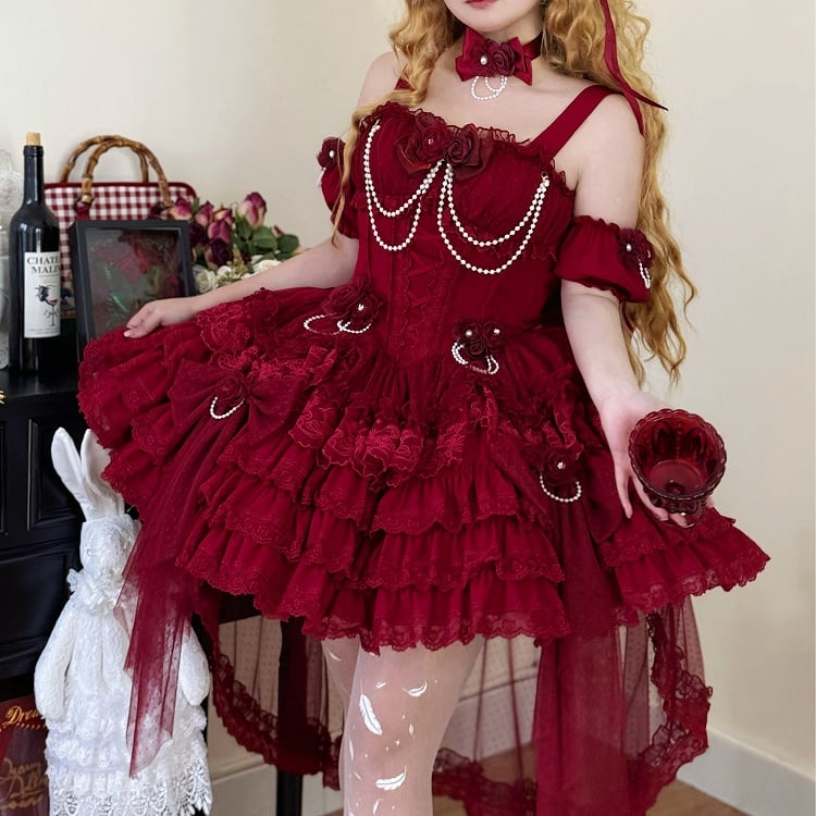 Waist Flower Basque Hem Fairy Skirt Dress Jumper Tiered Red Lolita Hanayome