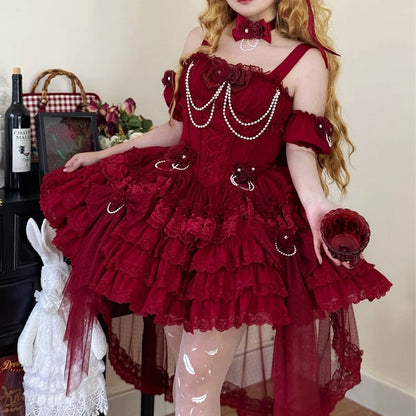 Waist Flower Basque Hem Fairy Skirt Dress Jumper Tiered Red Lolita Hanayome