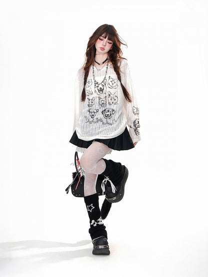 Neck Puppy Round Semi-sheer Top and Kitty Print Loose Black/Beige