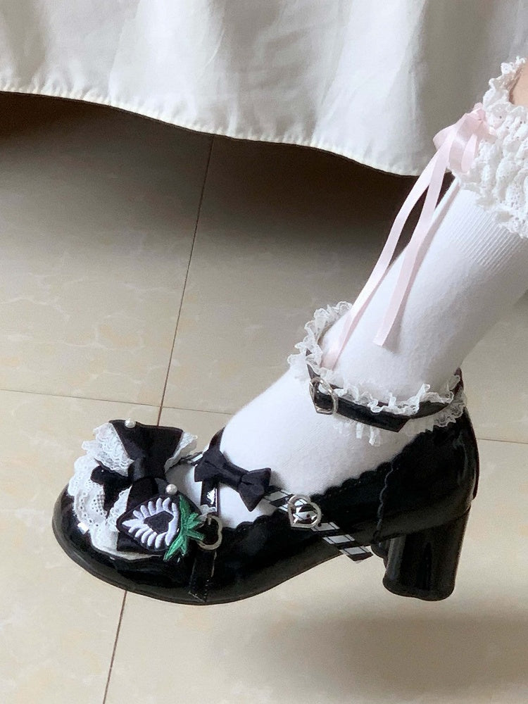 Erdbeere in gewelltem Lolita-Schuhen mit Clip-Top, runder Zehenpartie, Mary Jane, süßer Schleifensaum
