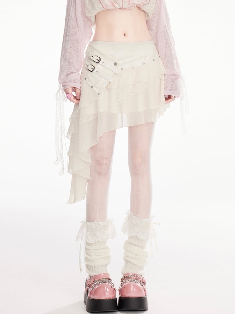 Träger Stufenrock Asymmetrischer Saum Wasteland Punk Apricot Schnalle