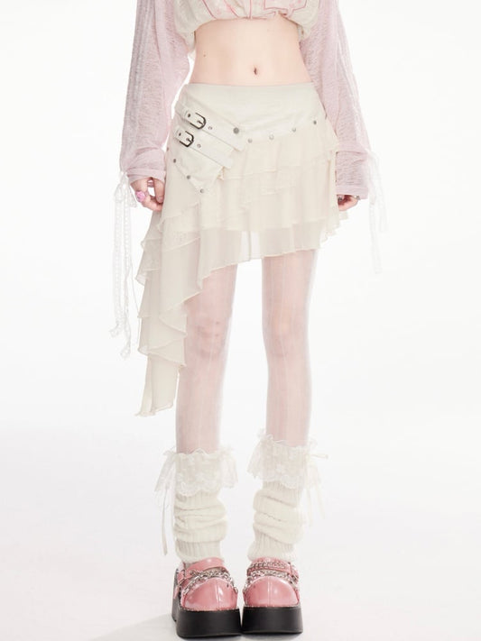 Straps Tiered Skirt Asymmetrical Hem Wasteland Punk Apricot Buckle