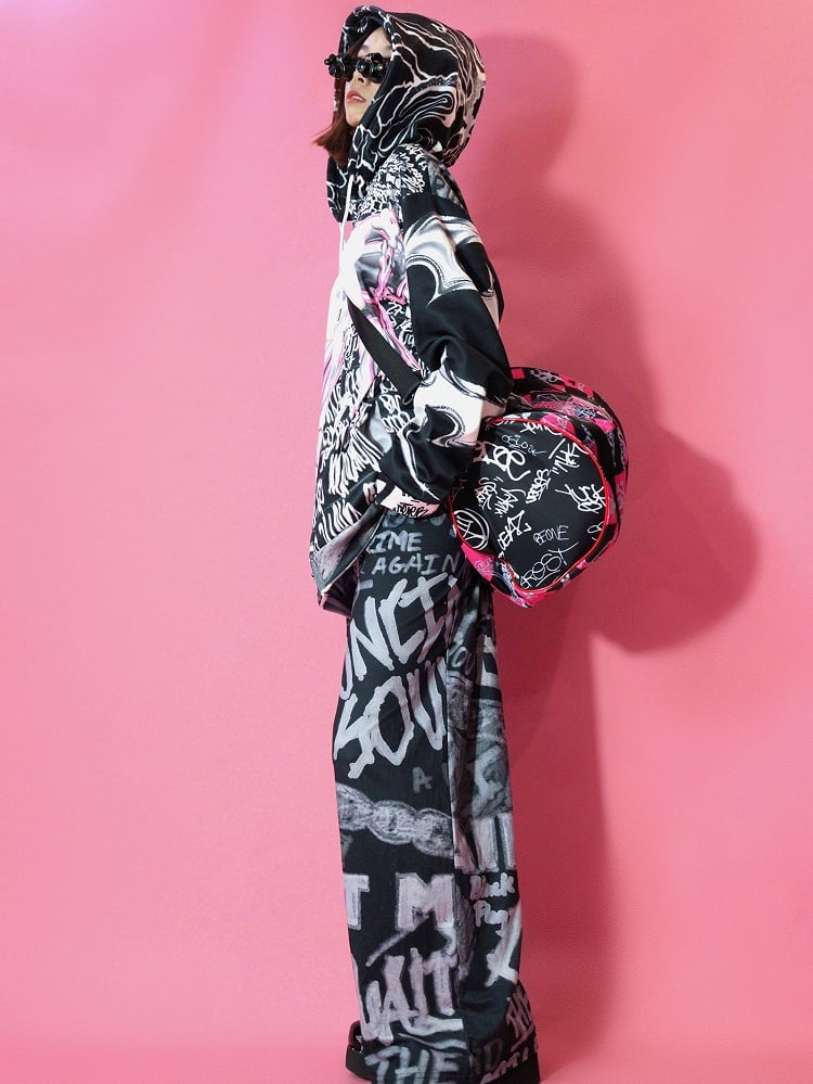 Closure Print Black Zip Letter Hoodie Pattern Bone Big Bow Gyaru Fashion