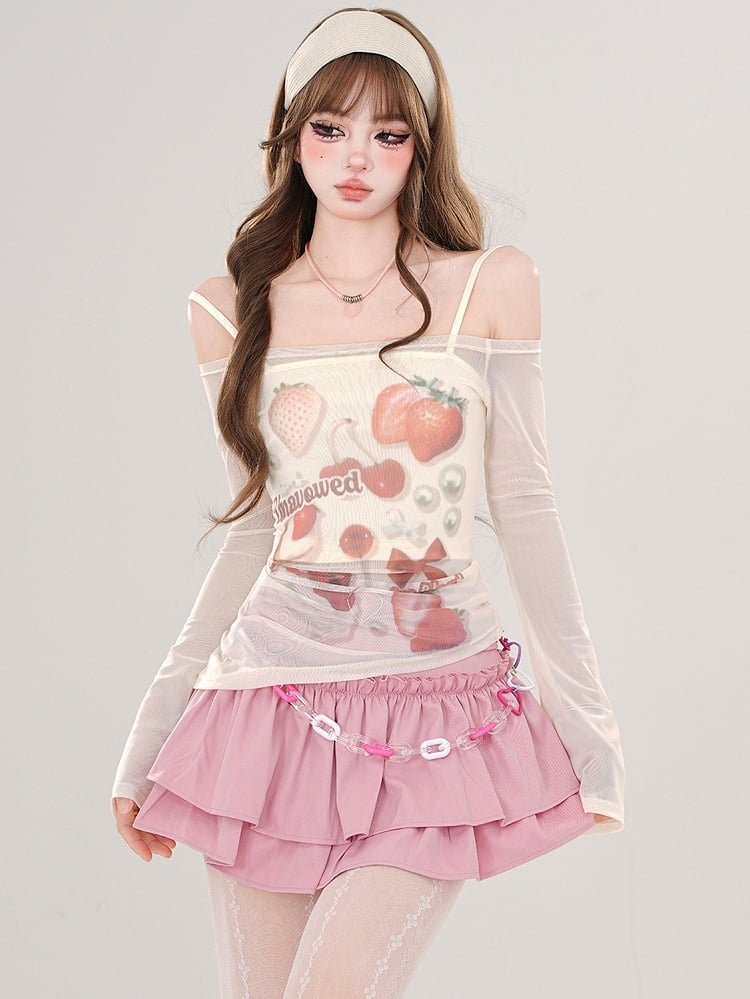 Pink/Apricot Strawberries Print Off-Shoulder Semi-sheer Top with Cami Top Set