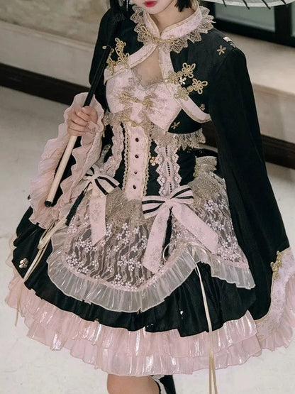 Black and Pink Chinoiserie Style Corset Dress Qi Lolita JSK Set