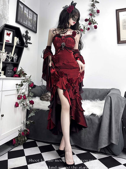 Burgundy Red Evening Gown Rosette Mermaid Dress with Detachable Flounce Sleeves