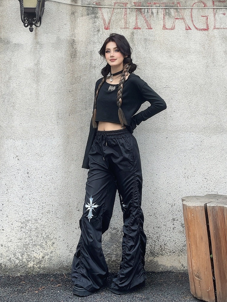 Waist Cross Print Design Drawstring Black Ruched Casual Pants