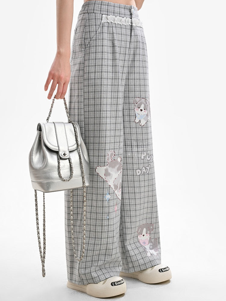 Regular/Short Lace Grey Plaid Puppy Print Heart Button Version Wide-Leg Pants Trim