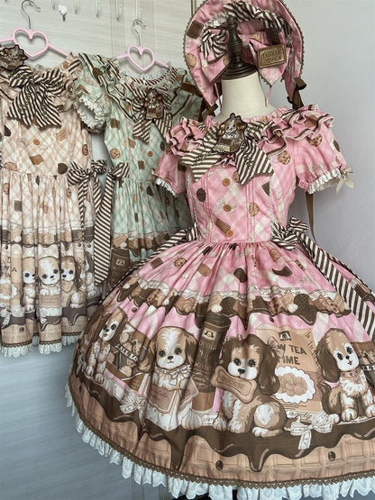 Robe Lolita rose à manches courtes et imprimé chiot et biscuit