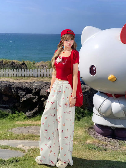 White Drawstring Waist Allover Kitty Print Wide-Leg Casual Pants
