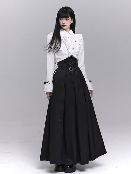 with Waist Accents Metal Ankle-Length Buckle Corset Black Embroidered Skirt Gothic