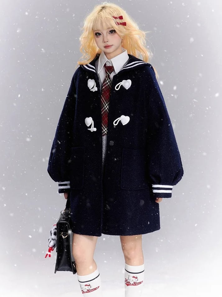 Navy Blue Sailor Collar Preppy Style Coat