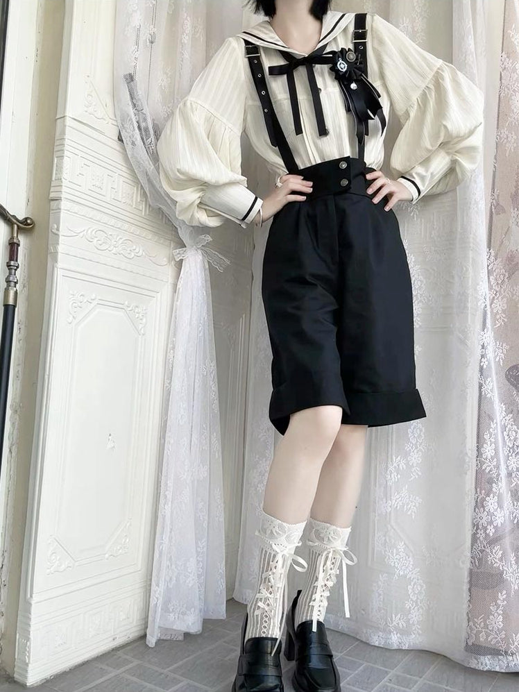 Ouji with Apricot Long Shorts Straight-leg Fashion Shoulder + Collar Lolita Outfit Straps Sailor Sleeves Shirt - Black