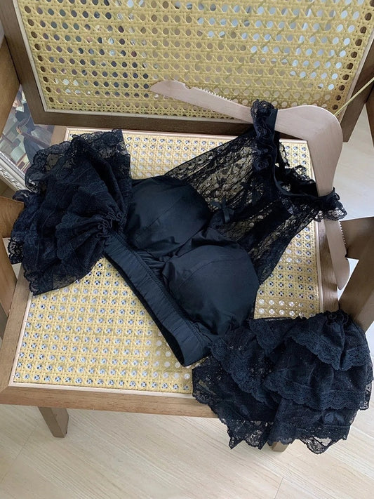 Sleeves Detachable Halter Lace Top Black with Neck Flutter Cropped