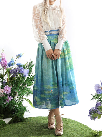 Lily Oil Painting Print Blue Green High Long/Short and Water Waist Skirt Version