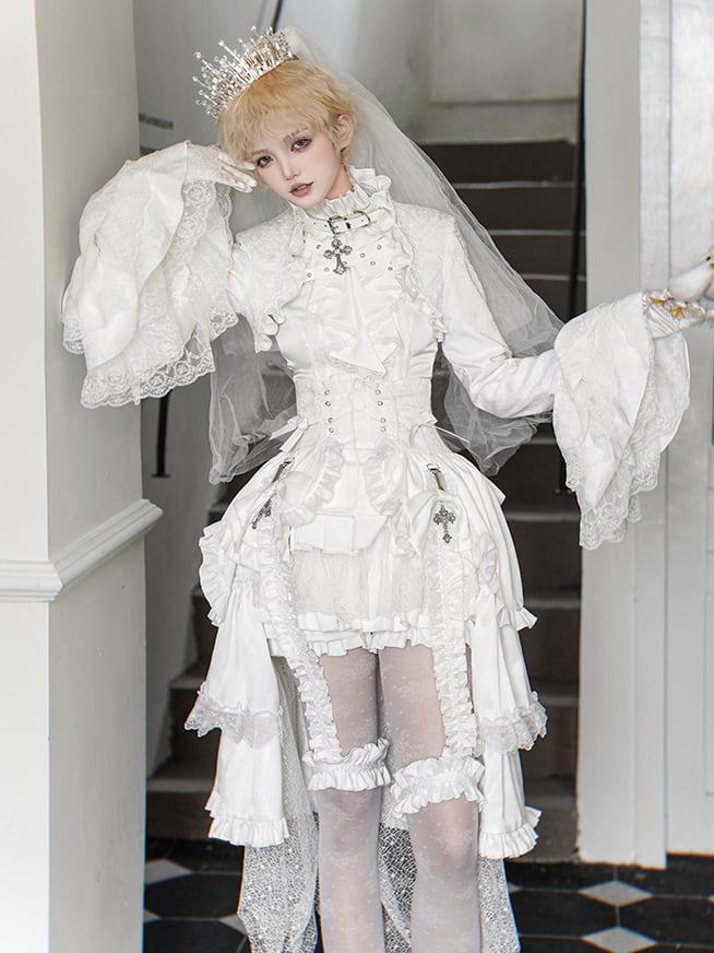 Ouji - Top Sleeveless White Lolita Neck Ruffled Outfit All Prince