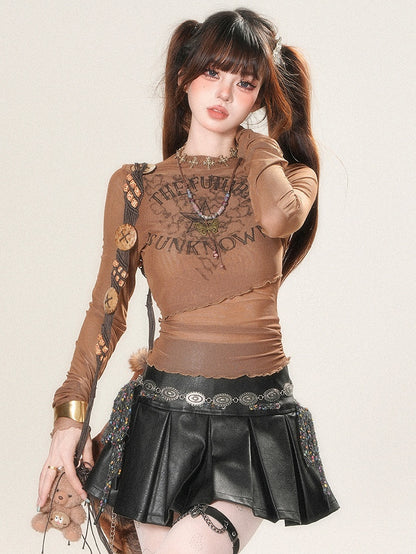 Glamorous Letter And Bittersweet Print Sleeves Star Top Brown Long
