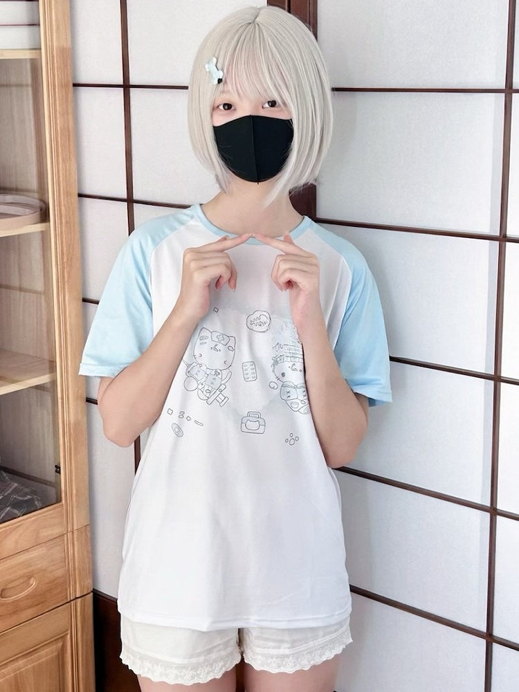 Kaiwai Print Round Kitty T-shirt Tenshi WhiteBlue Neck