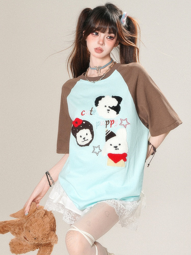 T-shirt Plush Kawaii Beige/Blue Puppy Letter Applique Embroidery Daily