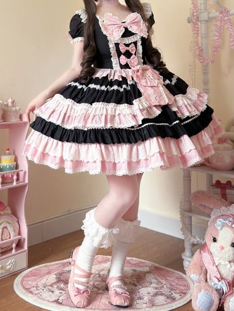 Piece and Pink Sleeves Lolita Bow One Dress Sweet Short Accents Black