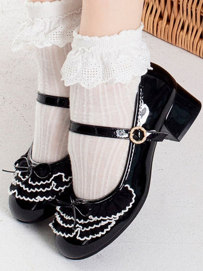 Buckle Black Lace Layers Mary Bowknot Multiple Decorated Round Beaded Janes