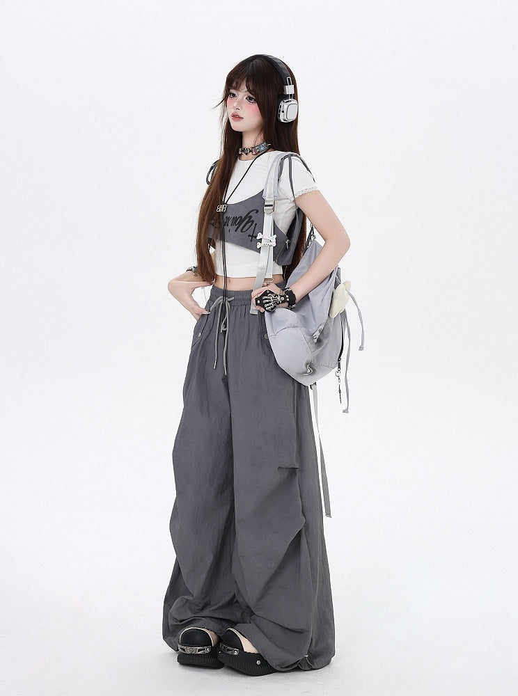 Asymmetrical Accessory Punk Waist Drawstring Waist Wasteland Gray Pants with